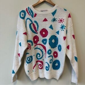 Vintage Abstract Patterned Women's Sweater in White, Blue, and Pink